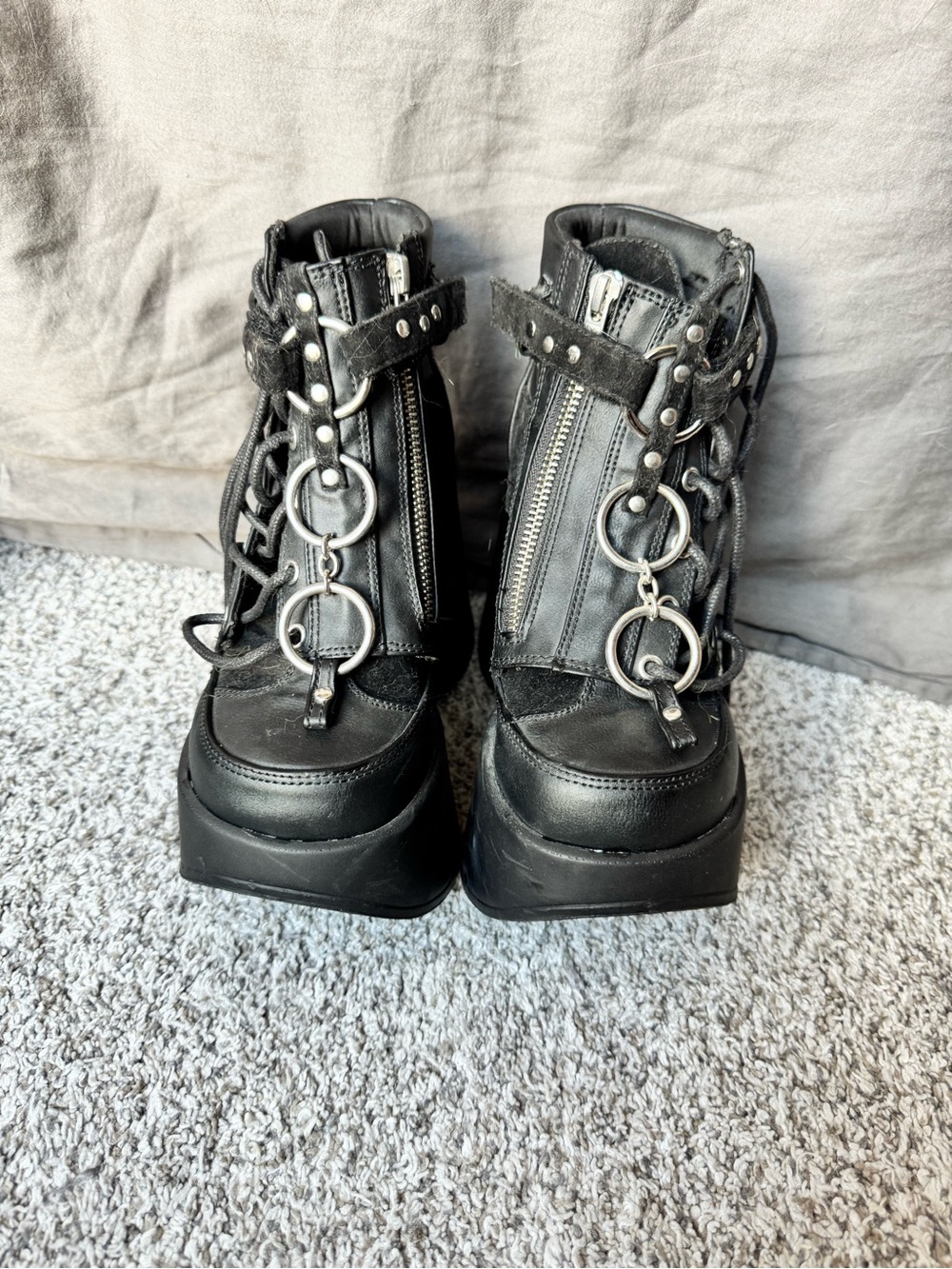 DEMONIA DYNAMITE Black Gothic Platform Ankle Boots with Silver Ring Hardware